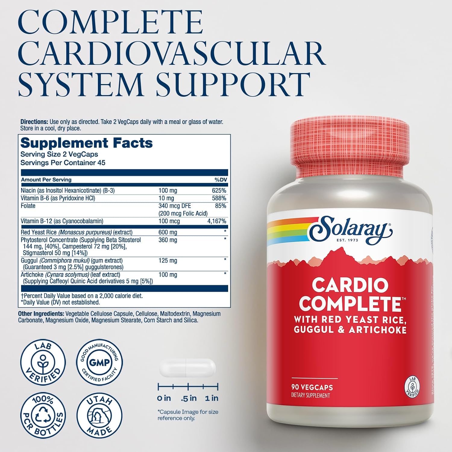 Solaray Cardio Complete with Red Yeast Rice, Guggul & Artichoke Extracts, B Vitamins - 90 VegCaps, 45 Servings - Lab Verified, 60-Day Guarantee