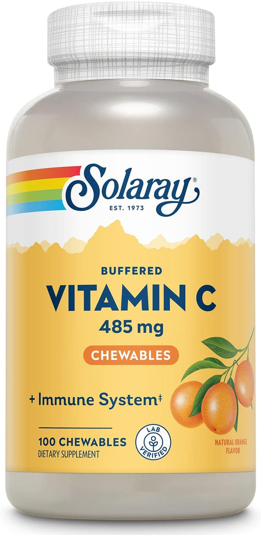 Solaray Chewable Buffered Vitamin C with Rose HIPS and Acerola Cherry - Immune Support Supplement with Gentle Digestion - Natural Orange Flavor - 100 Chewables, 100 Servings - 60-Day Guarantee