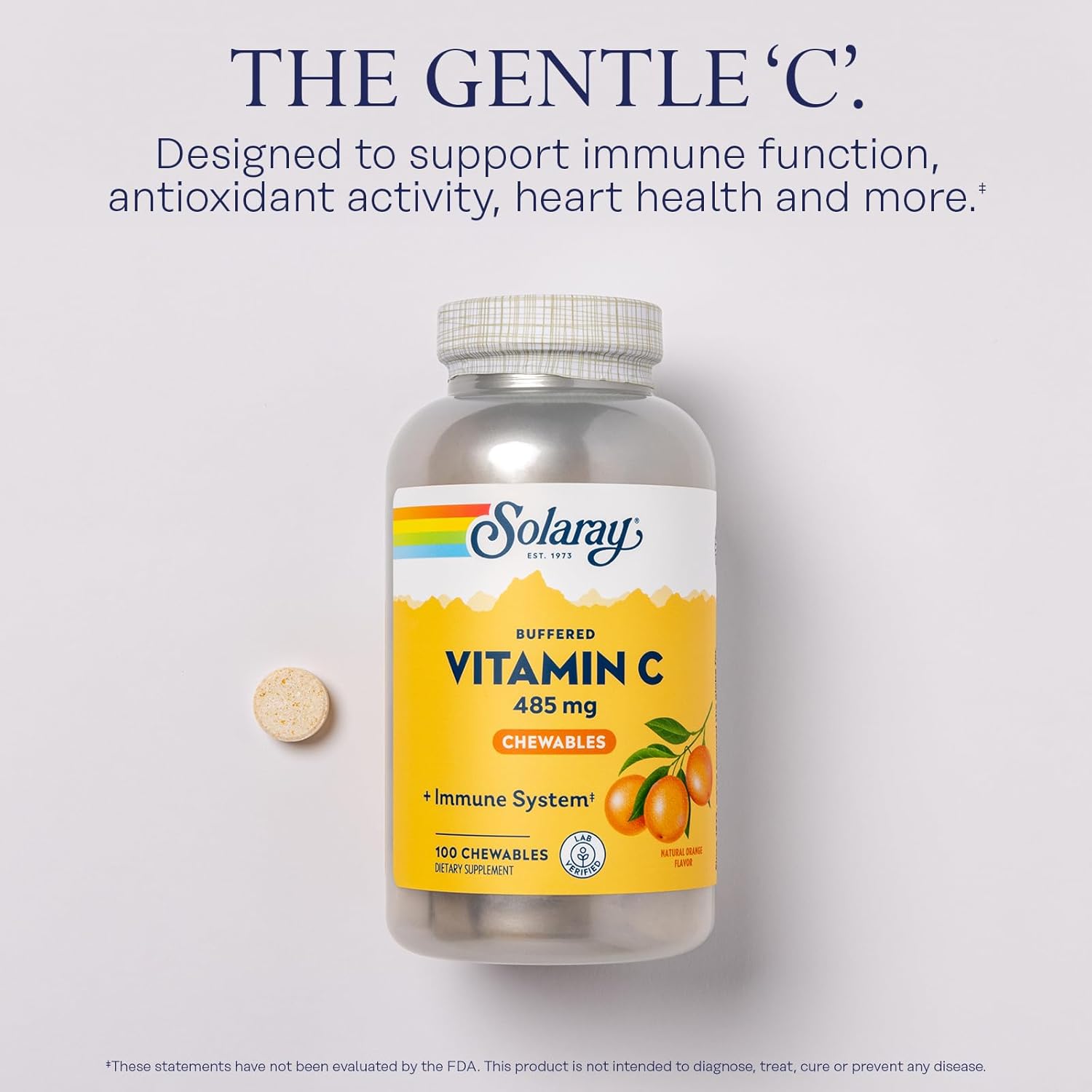 Solaray Chewable Buffered Vitamin C with Rose HIPS and Acerola Cherry - Immune Support Supplement with Gentle Digestion - Natural Orange Flavor - 100 Chewables, 100 Servings - 60-Day Guarantee