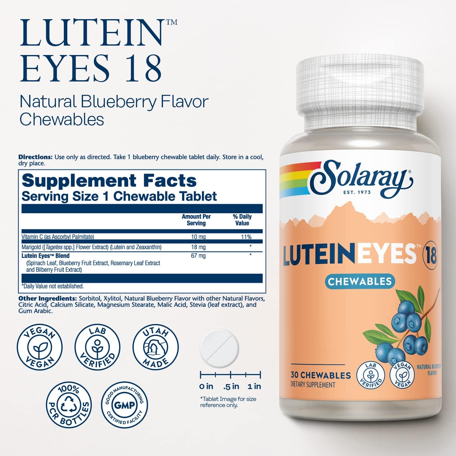 Solaray Chewable Lutein Eyes 18 Supplement for Eye & Macular Health Support with Lutein & Zeaxanthin - Non-GMO - 30 Chewables