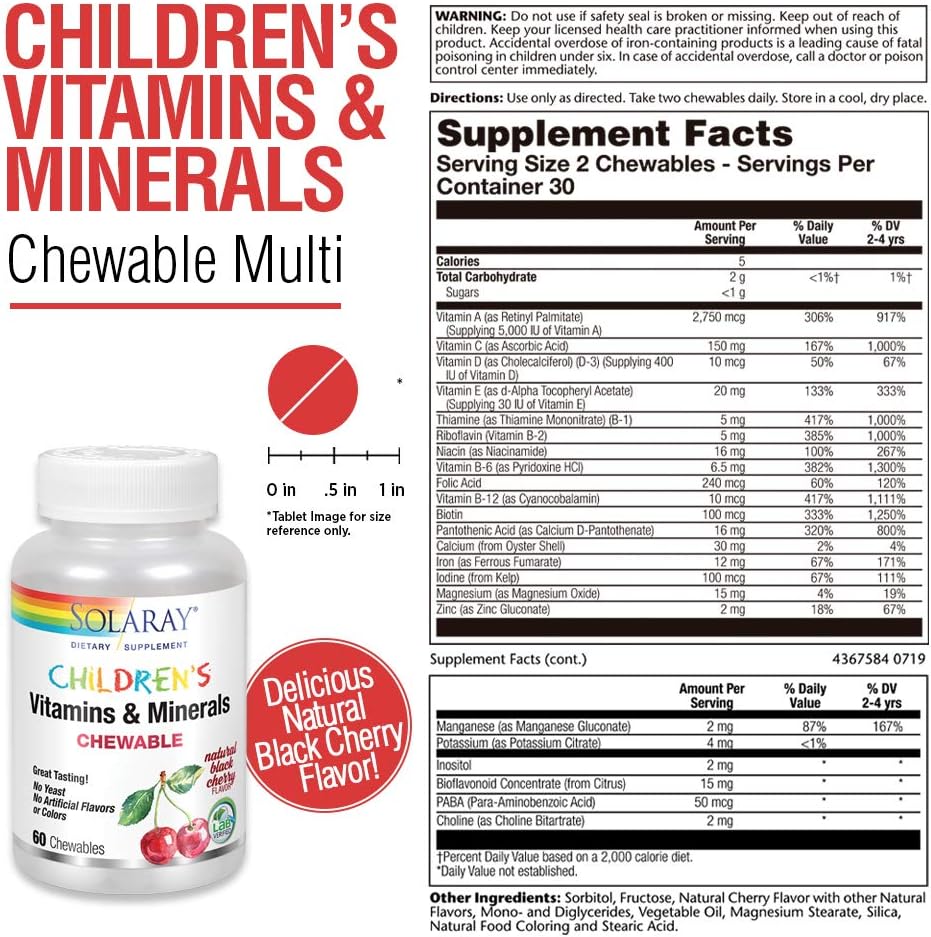 SOLARAY Children's Complete Multivitamin with Great Black Cherry Flavor - 60 Chews, 30 Servings
