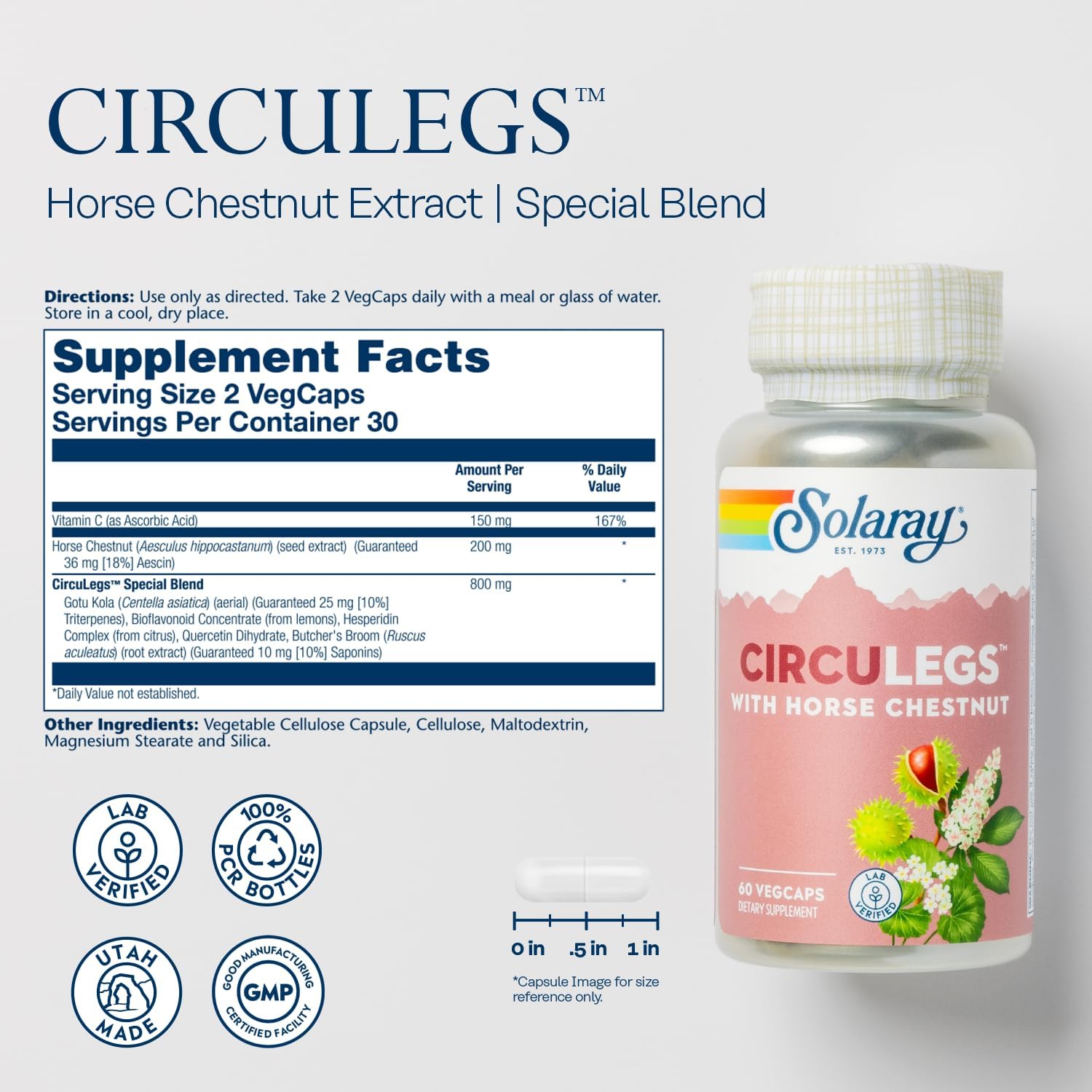 SOLARAY CircuLegs: Vein Support for Healthy Legs with Horse Chestnut Extract, Gotu Kola, Butcher's Broom, 60-Day Guarantee - 60 VegCaps