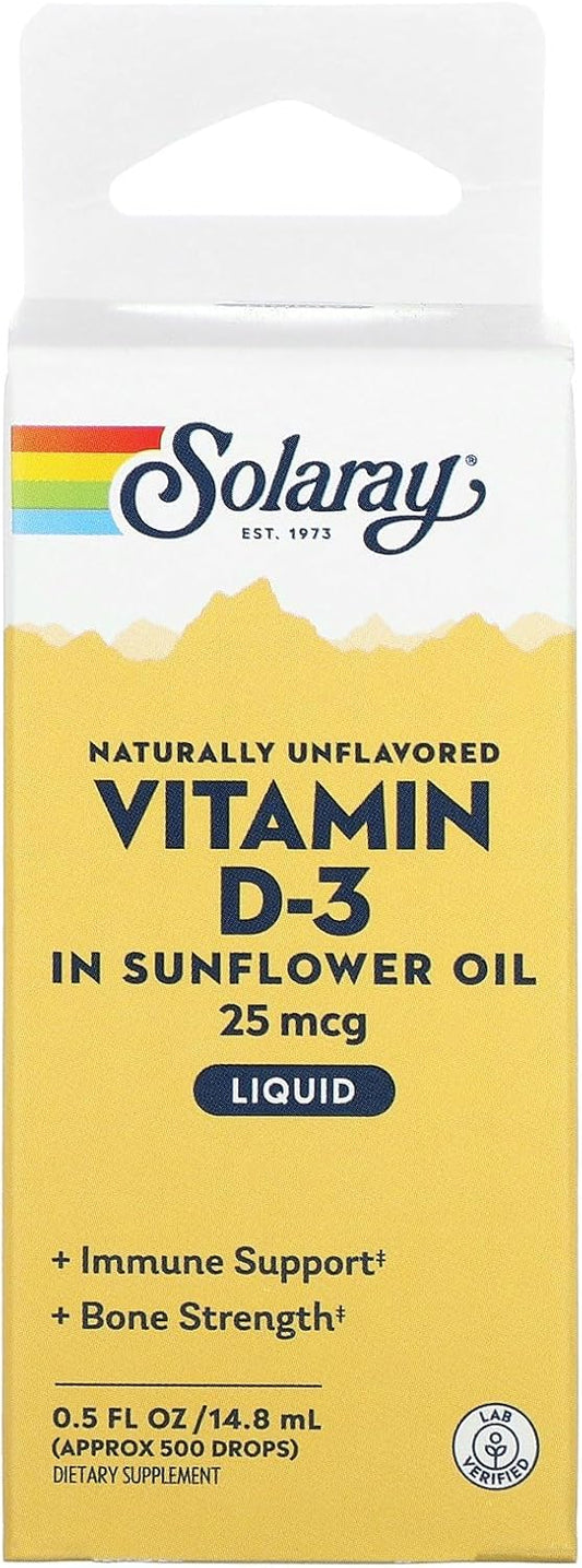 Solaray D3 Liquid Unflavored Carton - 1000IU 0.5oz - Vitamin D3 Supplement for Immune Support and Bone Health
