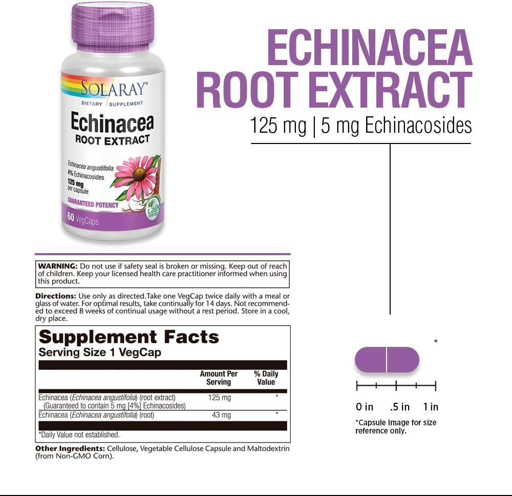 Solaray Echinacea Angustifolia Root Extract 125 mg Capsules - Immune & Respiratory Support - 60 VegCapsules