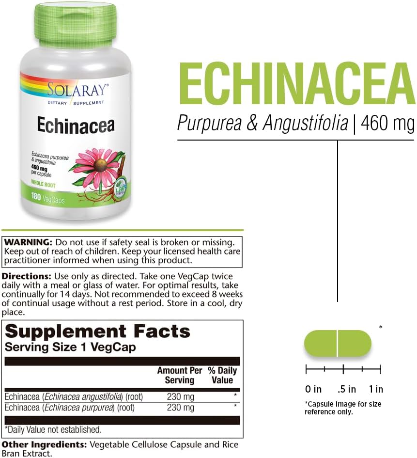 Solaray Echinacea Purpurea & Angustifolia Root 460 mg Capsules for Immune & Respiratory Health | 180 Vegetarian Capsules