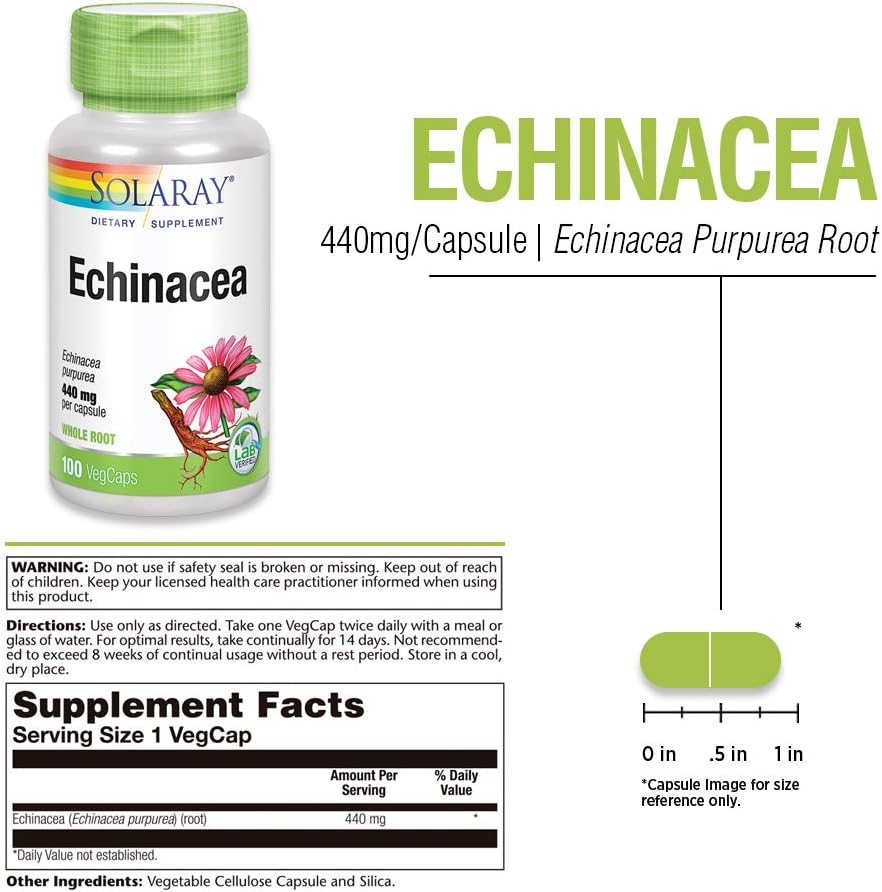 Solaray Echinacea Purpurea Root 440 mg Capsules for Immune & Respiratory Health - 100 Vegetarian Capsules