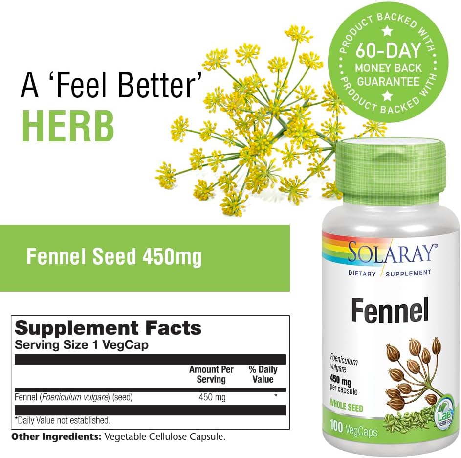 Solaray Fennel Seed 450mg Capsules - Digestive Support, Fresh Breath, Respiratory Function - Non-GMO, Vegan - 100 Count