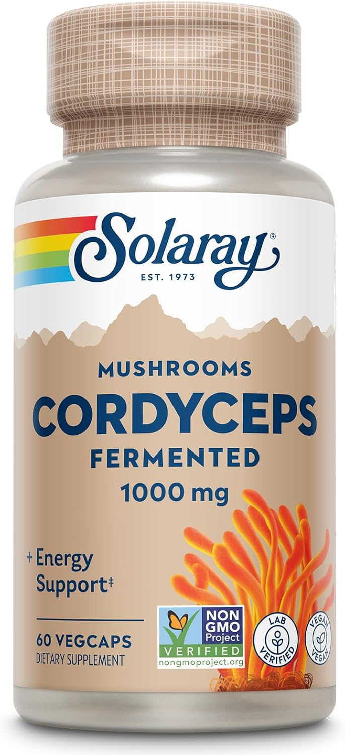 Solaray Fermented Cordyceps Mushroom Capsules - 1000mg for Healthy Energy - Enhanced Absorption Vegan Formula - Non-GMO, Lab Verified - 30 Servings