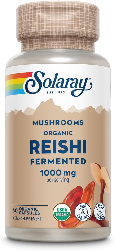 Solaray Fermented Reishi Mushroom Capsules - 500mg for Immune, Heart, & Brain Health - Energy & Mood Boost - 60 VegCaps