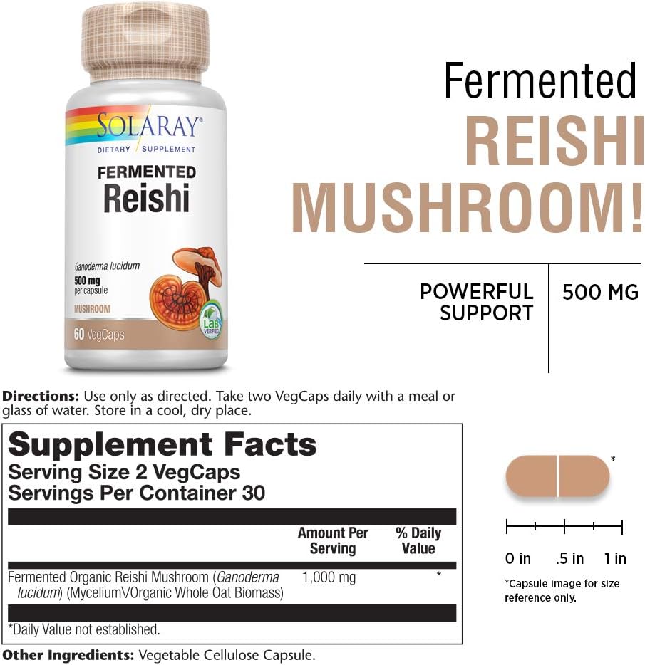 Solaray Fermented Reishi Mushroom Capsules - 500mg for Immune, Heart, & Brain Health - Energy & Mood Boost - 60 VegCaps