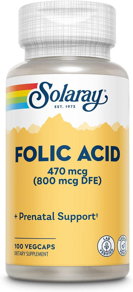 Solaray Folic Acid - Vegan Vitamin B9 Supplement for Blood Cell Development - Lab Verified, 100 VegCaps, 60-Day Guarantee