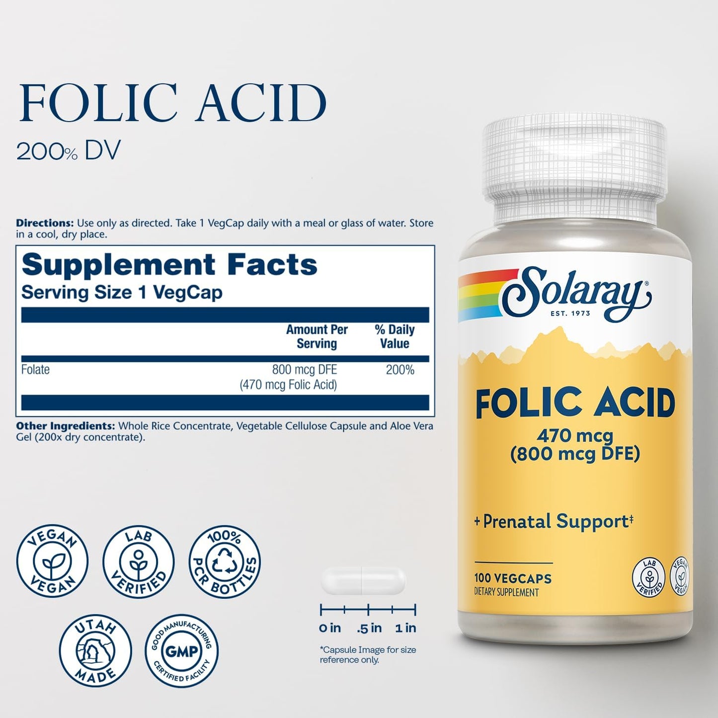 Solaray Folic Acid - Vegan Vitamin B9 Supplement for Blood Cell Development - Lab Verified, 100 VegCaps, 60-Day Guarantee