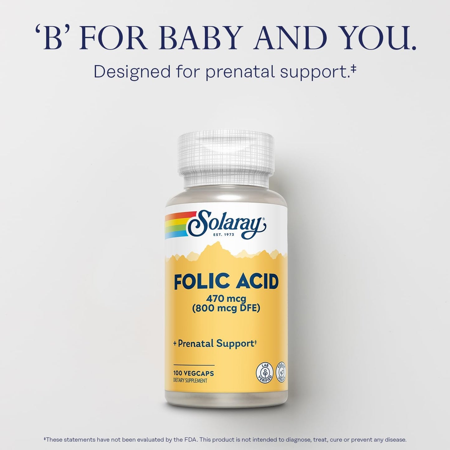 Solaray Folic Acid - Vegan Vitamin B9 Supplement for Blood Cell Development - Lab Verified, 100 VegCaps, 60-Day Guarantee