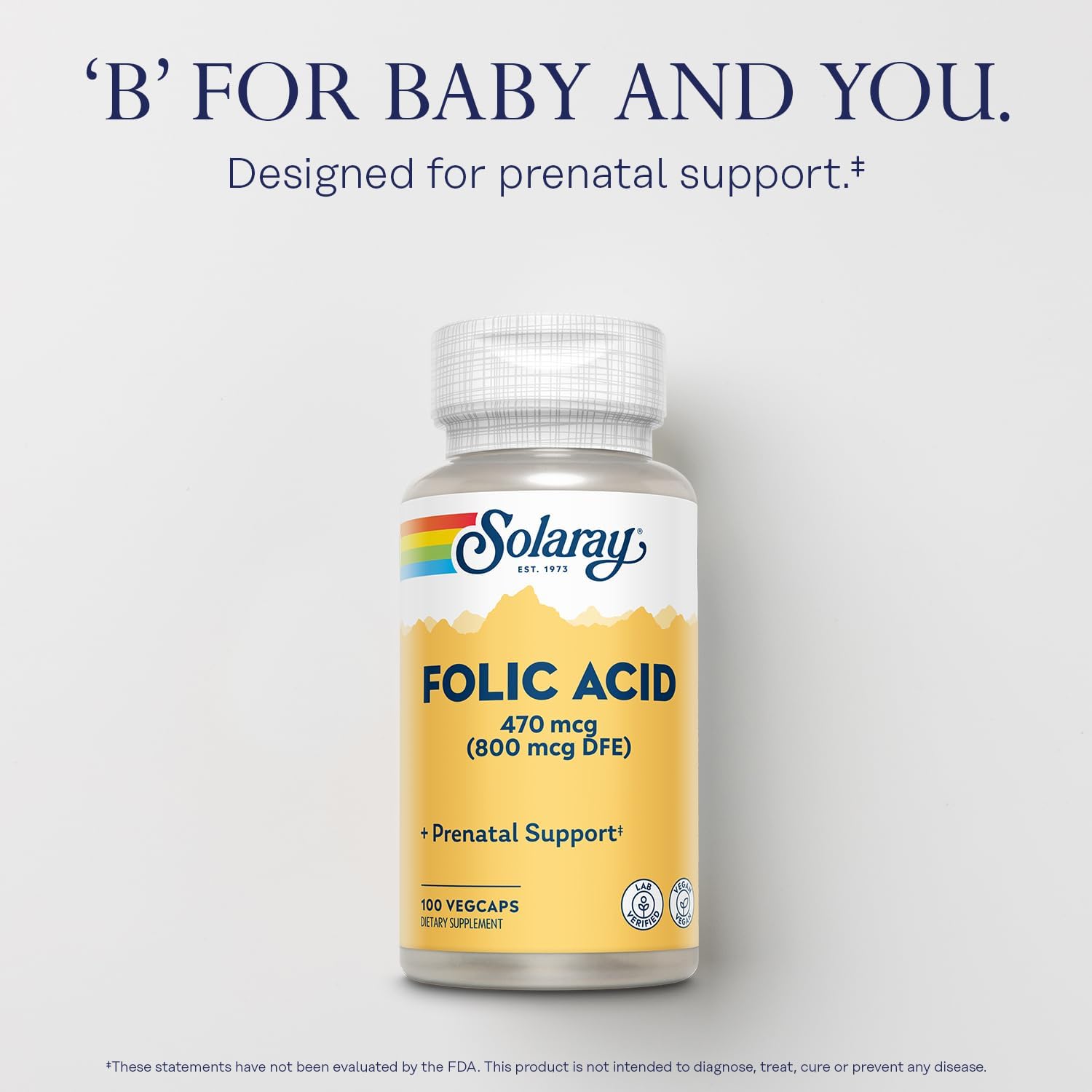 Solaray Folic Acid - Vegan Vitamin B9 Supplement for Blood Cell Development - Lab Verified, 100 VegCaps, 60-Day Guarantee