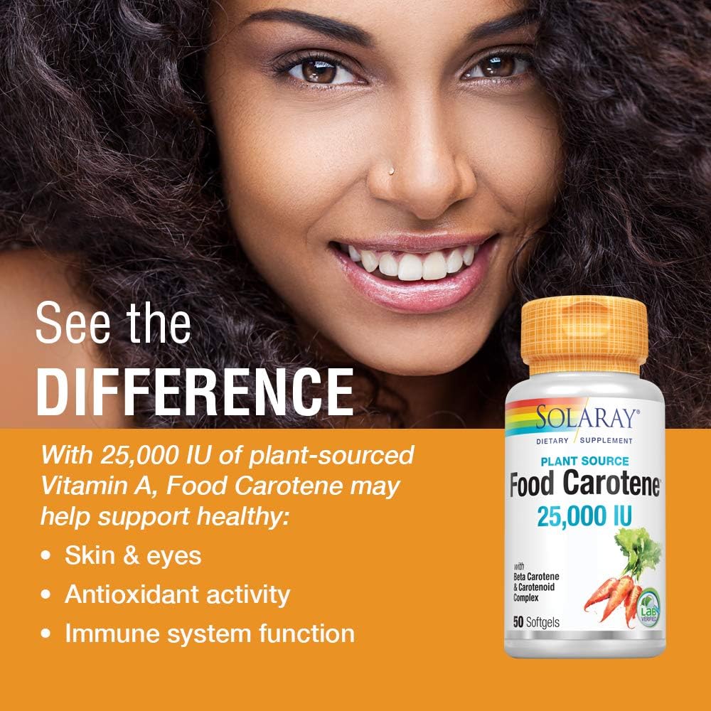 Solaray Food Carotene Capsules - 25000IU Beta Carotene for Skin & Eyes - Antioxidant & Immune Support - 50 Count