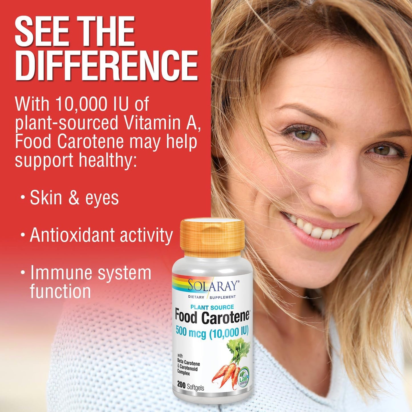Solaray Food Carotene Vitamin A 10000 IU Capsules for Healthy Skin, Eyes, Antioxidant & Immune Support - 200 Count
