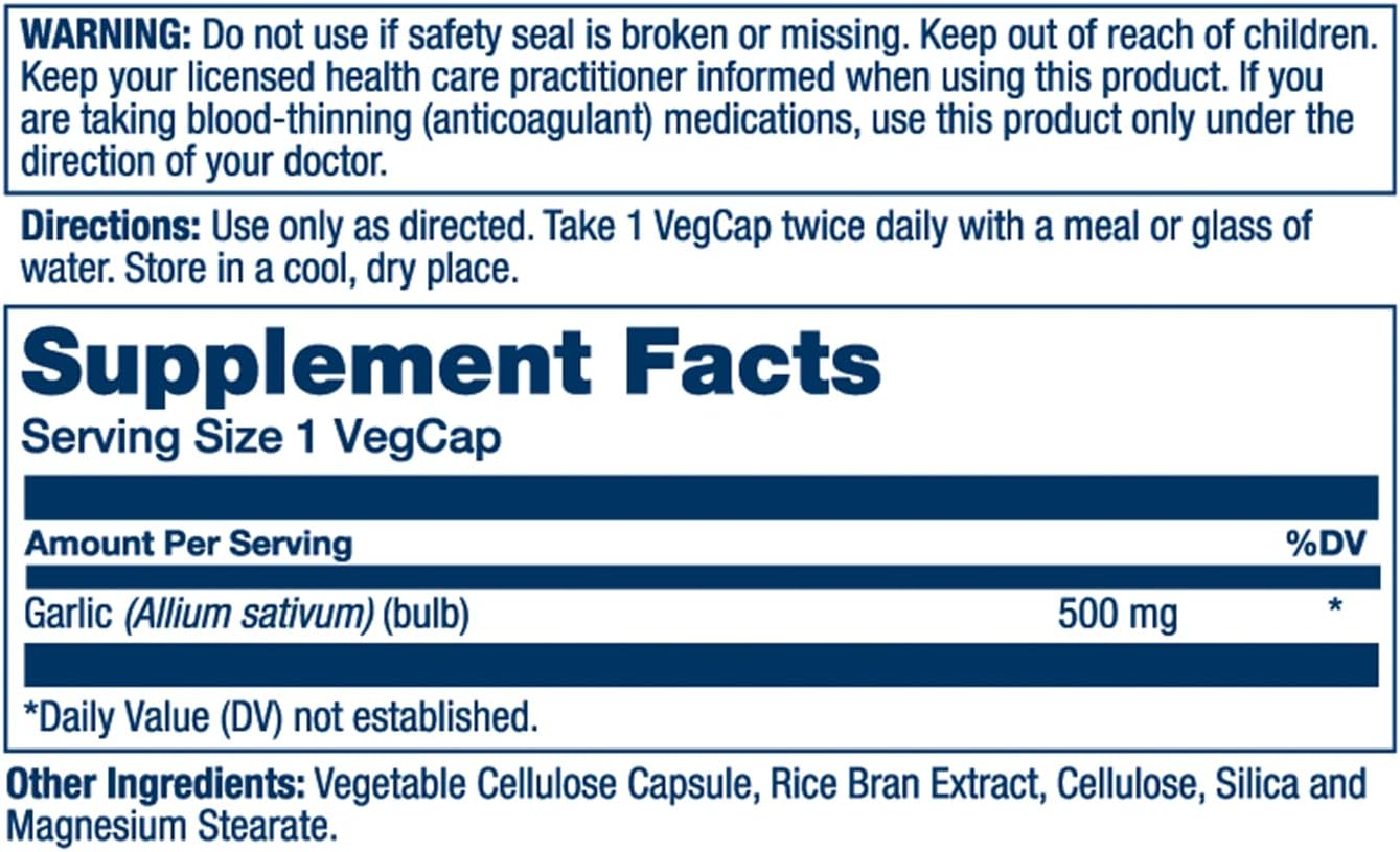 Solaray Garlic Bulb 500mg Capsules - Immune, Circulatory, Cardiovascular Support - Vegan, Non-GMO - 100 Count