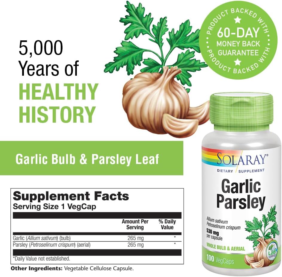Solaray Garlic Bulb & Parsley Leaf Capsules - 530mg | Cardiovascular & Immune Support | Non-GMO, Vegan | 100 VegCaps