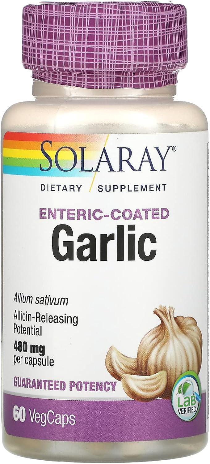 SOLARAY Garlic Supplement Capsules - 500mg, 60 Count Bottle for Immune Support and Heart Health