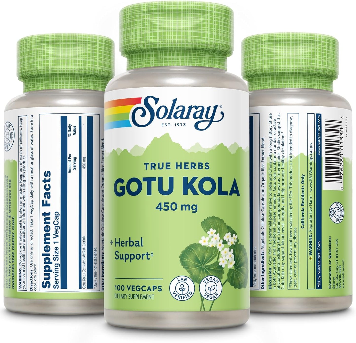 Solaray Gotu Kola Capsules 450mg | Promotes Healthy Mood & Circulation | Non-GMO Vegan Supplement | 100 VegCaps