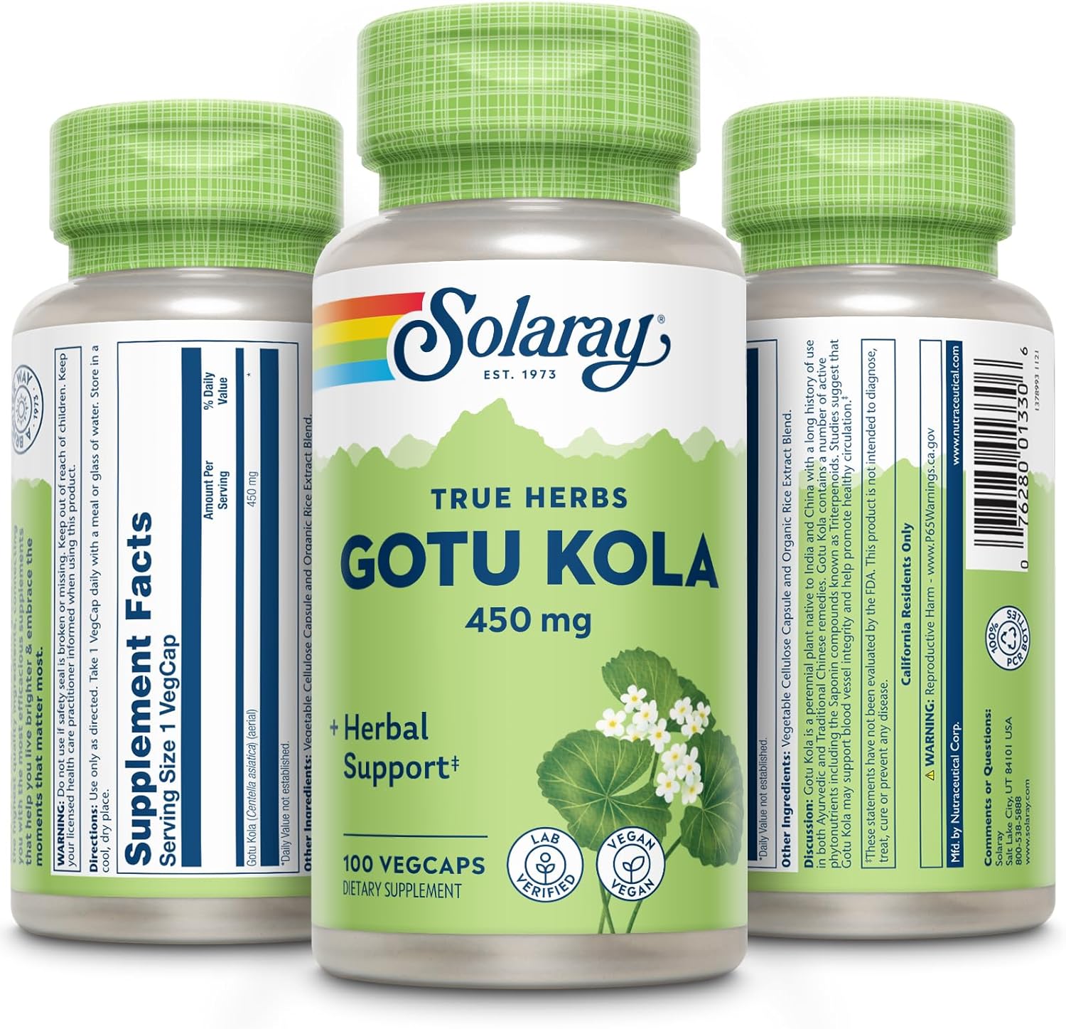Solaray Gotu Kola Capsules 450mg | Promotes Healthy Mood & Circulation | Non-GMO Vegan Supplement | 100 VegCaps