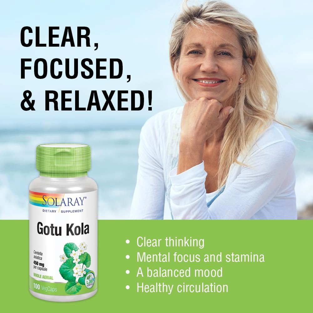 Solaray Gotu Kola Capsules 450mg | Promotes Healthy Mood & Circulation | Non-GMO Vegan Supplement | 100 VegCaps