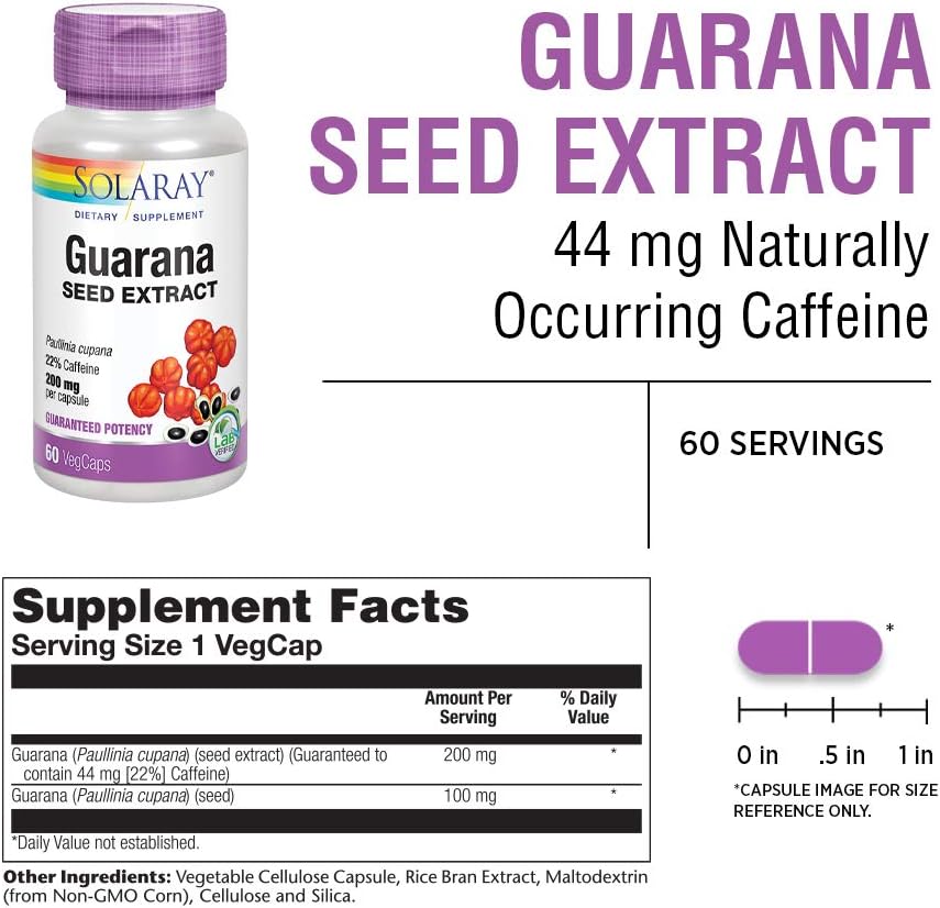 Solaray Guarana Seed Extract 300mg VegCaps for Energy, Focus, Memory & Metabolism Boost with 44mg of Caffeine - 60 Count