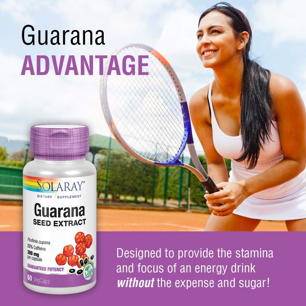 Solaray Guarana Seed Extract 300mg VegCaps for Energy, Focus, Memory & Metabolism Boost with 44mg of Caffeine - 60 Count