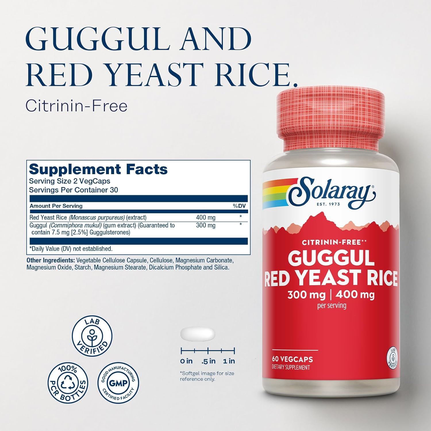 SOLARAY Guggul Gum Extract & Red Yeast Rice Capsules for Cardiovascular Support | Ancient Chinese & Ayurvedic Combo | 60 Count