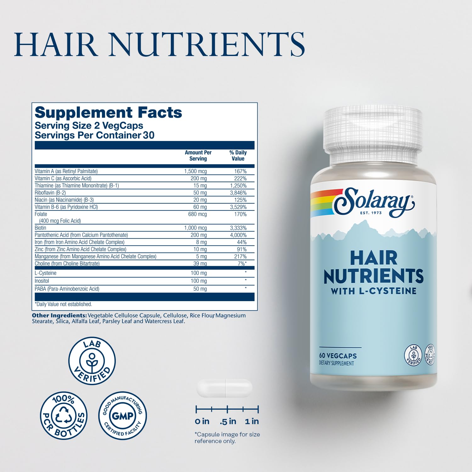 Solaray Hair Nutrients with L-Cysteine and Biotin - Hair Growth Support for Women and Men - Lab Verified Hair, Skin, and Nails Vitamins - 60-Day Guarantee - 60 VegCaps