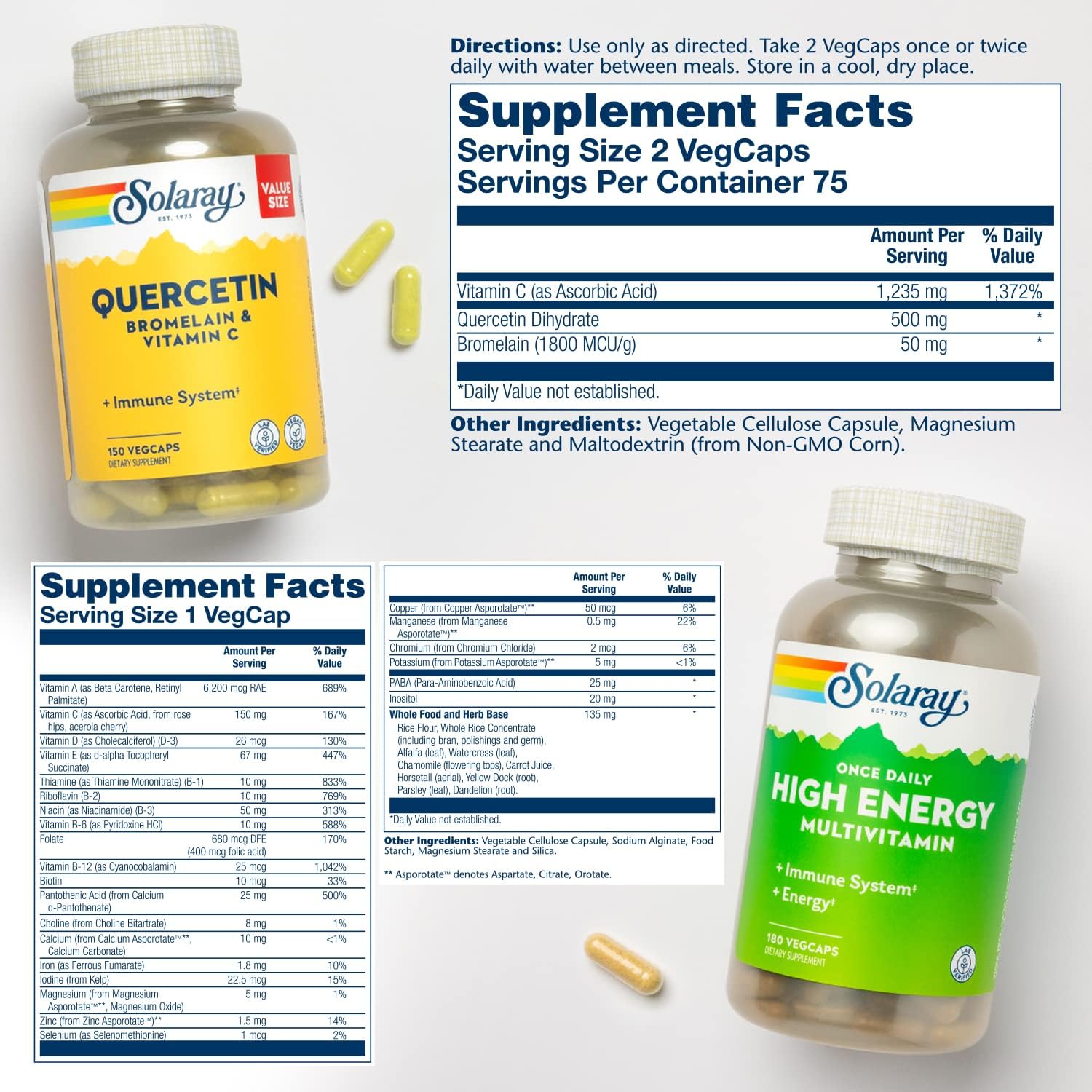 Solaray High Energy Multiple & QBC Plex Bundle for Energy, Respiratory, and Immune Support | 180, 150ct