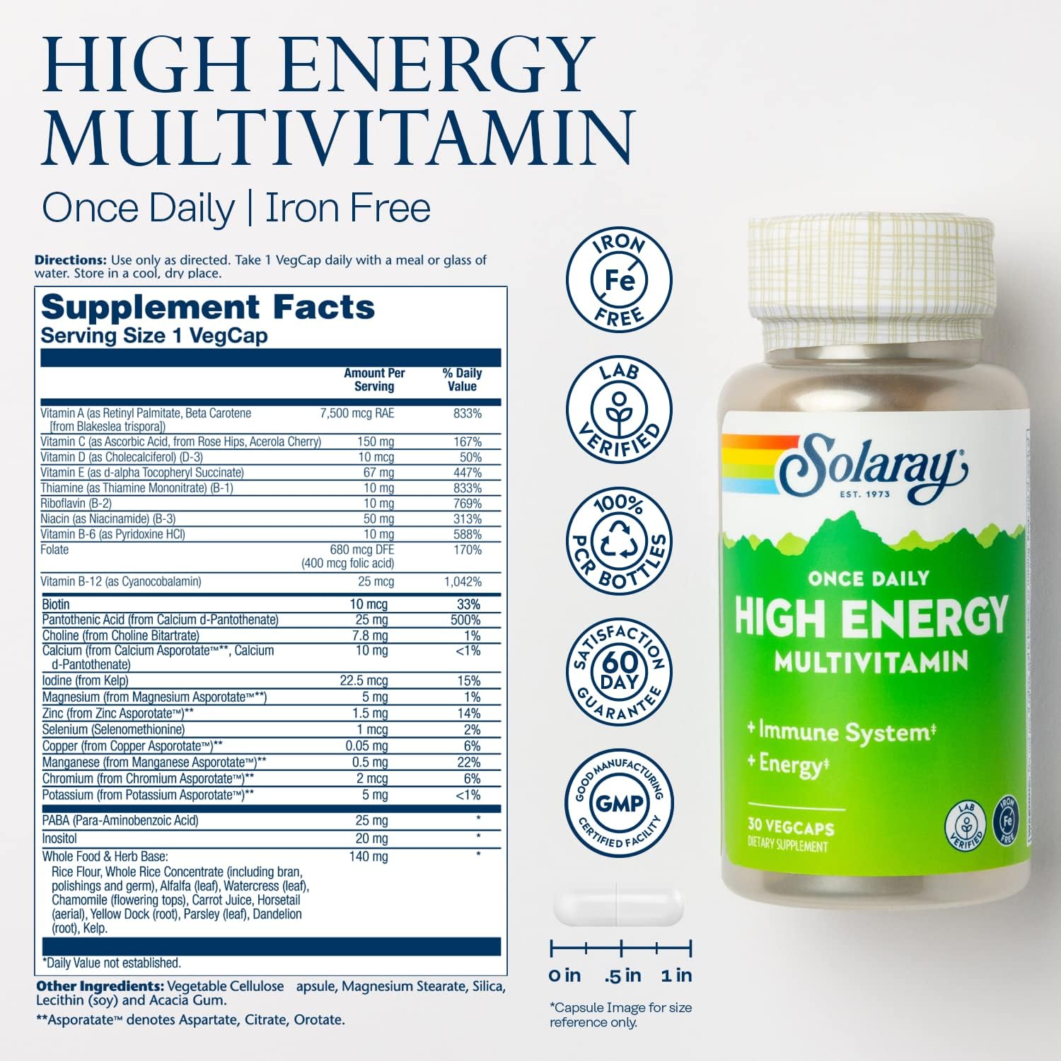 Solaray High Energy Multivitamin: Whole Food & Herb Base, Iron-Free, Immune & Energy Support - Men's & Women's Multi (30 Servings)