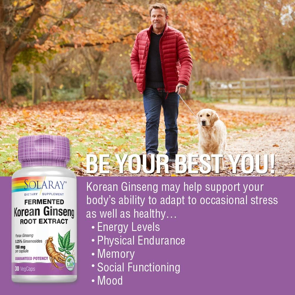 Solaray Korean Ginseng Root Extract: Boost Energy, Endurance & Reduce Stress | Vegan, Non-GMO | 30 VegCaps
