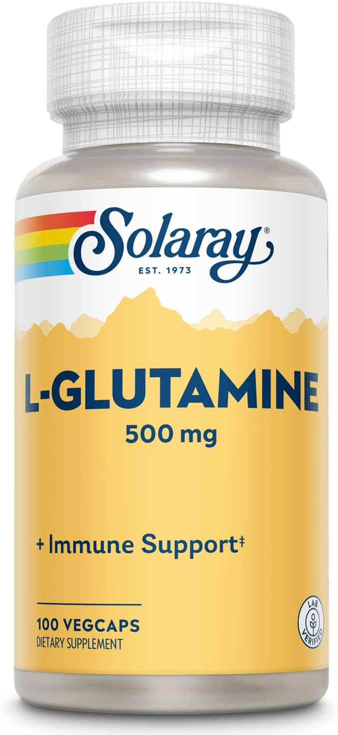Solaray L Glutamine 500mg Capsules - Immune System Support - Pure Amino Acid Supplement - 100 VegCaps, Lab Tested, 60-Day Guarantee