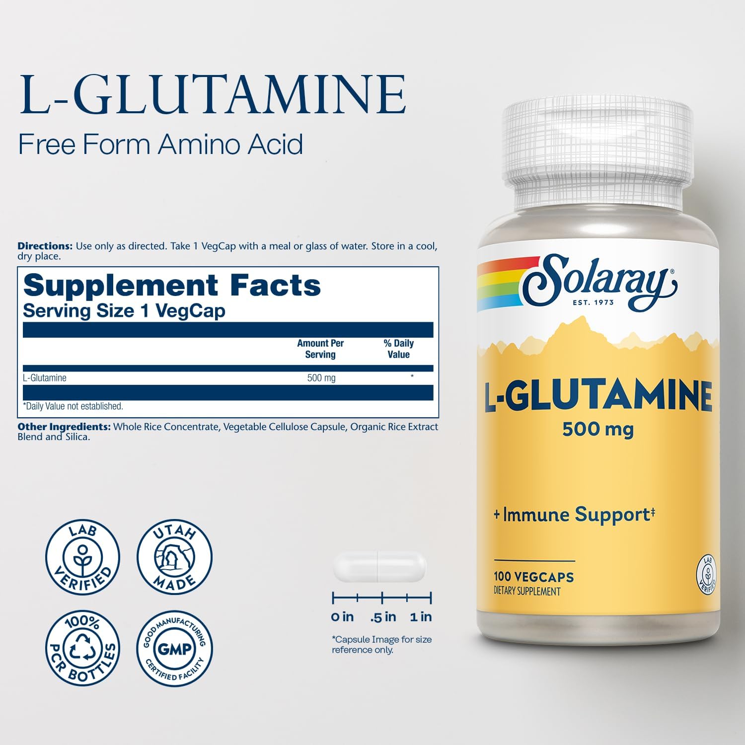 Solaray L Glutamine 500mg Capsules - Immune System Support - Pure Amino Acid Supplement - 100 VegCaps, Lab Tested, 60-Day Guarantee