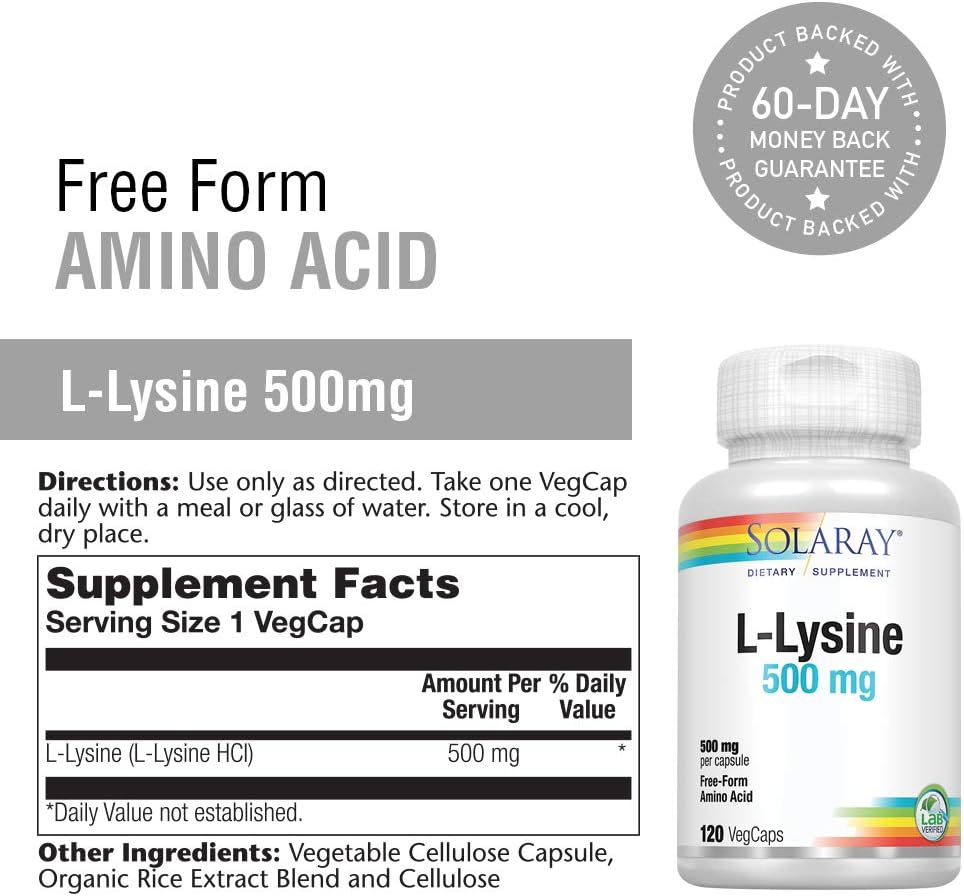 Solaray L-Lysine 500mg VegCaps - 120 Count - Free-Form Amino Acid Supplement