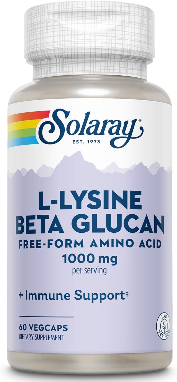 Solaray L-Lysine Capsules - 1000mg Free Form Amino Acid with Beta Glucan for Immune and Skin Support - 30 Servings