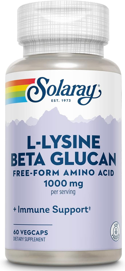 Solaray L-Lysine Capsules - 1000mg Free Form Amino Acid with Beta Glucan for Immune and Skin Support - 30 Servings