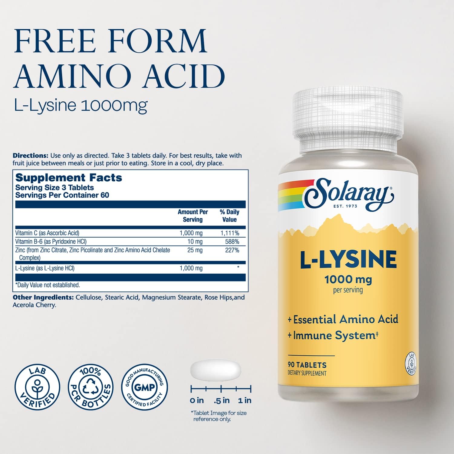Solaray L-Lysine Immune Support Supplement with Vitamin C and Zinc - 90 Tablets, Lab Verified, 30 Servings, 60-Day Guarantee