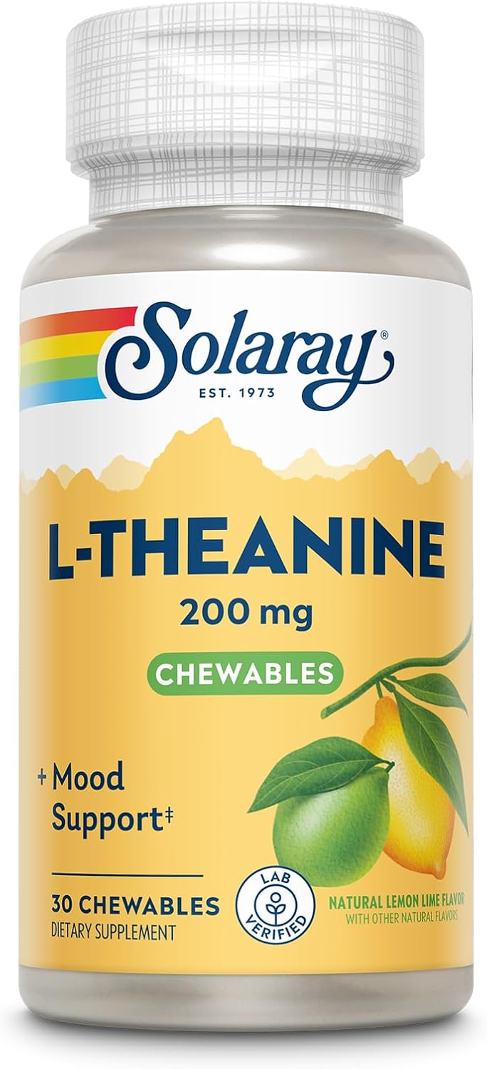 Solaray L-Theanine 200mg Chewables with Vitamin B6 for Mood Support and Stress Relief - Natural Lemon Lime Flavor - 30 Servings, Lab Verified - 60-Day Guarantee