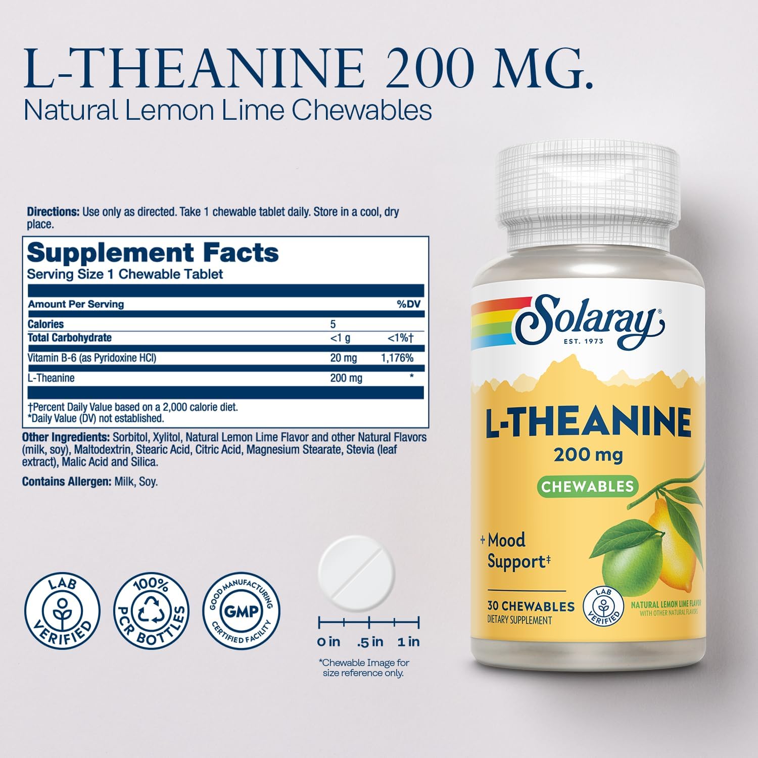 Solaray L-Theanine 200mg Chewables with Vitamin B6 for Mood Support and Stress Relief - Natural Lemon Lime Flavor - 30 Servings, Lab Verified - 60-Day Guarantee