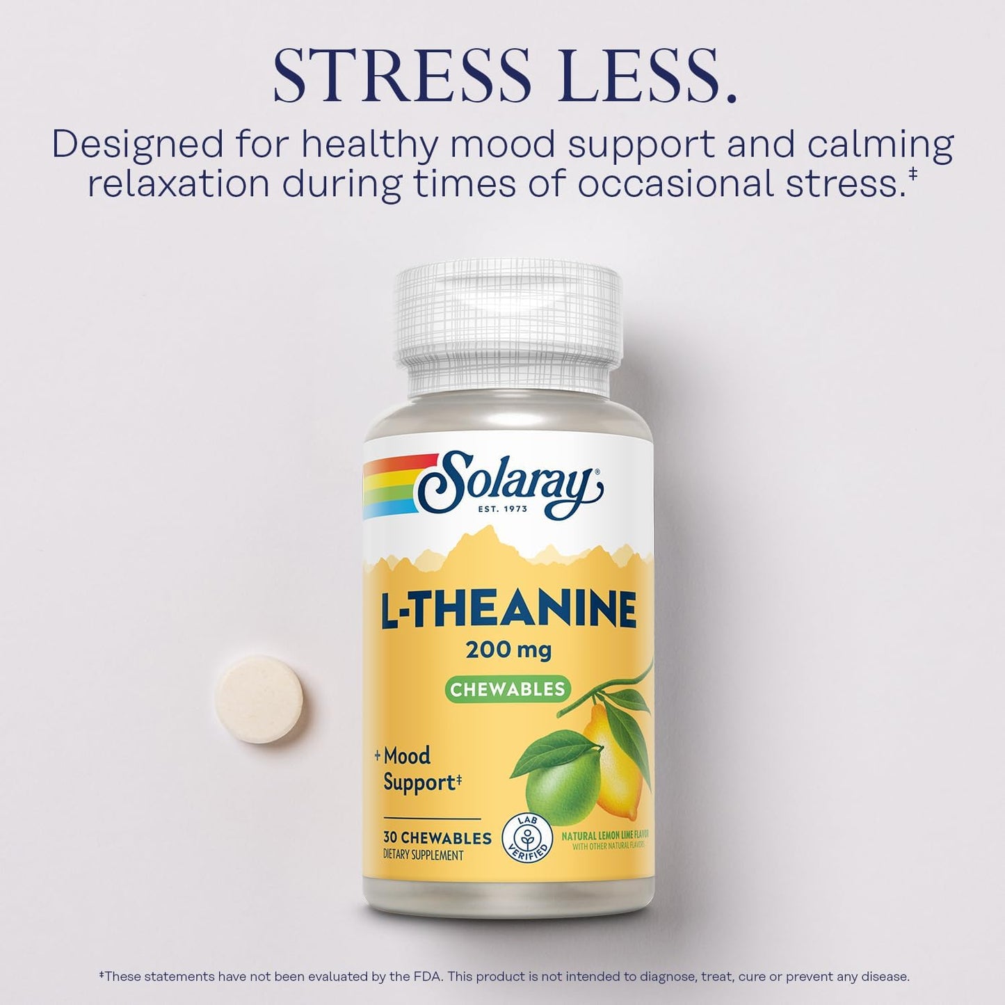 Solaray L-Theanine 200mg Chewables with Vitamin B6 for Mood Support and Stress Relief - Natural Lemon Lime Flavor - 30 Servings, Lab Verified - 60-Day Guarantee