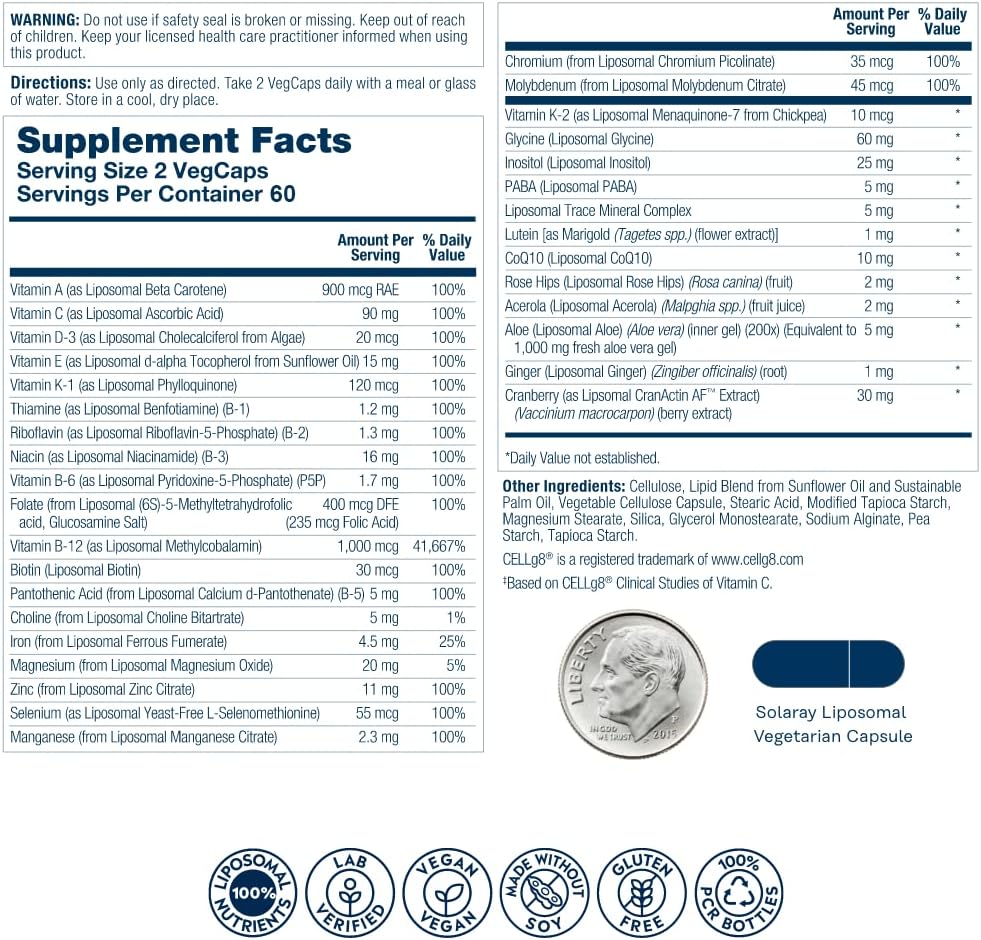 Solaray Liposomal Multivitamin for Women 50 Plus with Iron, Vitamin D, B12, Biotin & More - Immune Support & Bone Health - Vegan - 60 Servings, 120 VegCaps - Enhanced Absorption