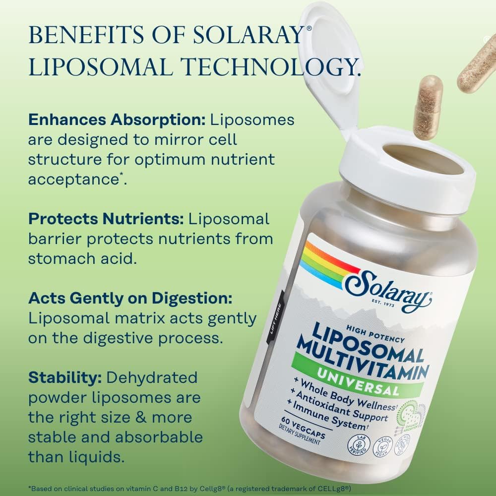 Solaray Liposomal Multivitamin with High Potency Vitamin C, D, Biotin, Methyl B-12, 30 Servings, 60 VegCaps, Men & Women Formula
