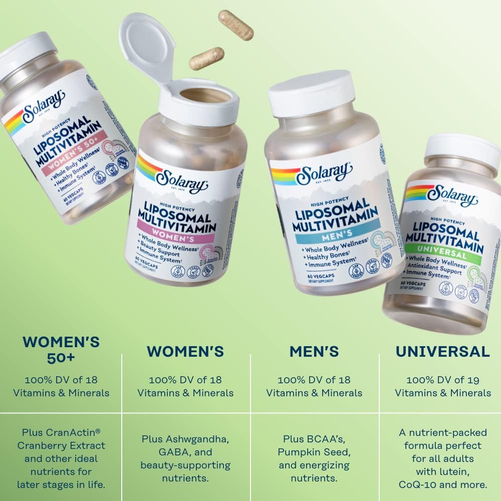 Solaray Liposomal Multivitamin with High Potency Vitamin C, D, Biotin, Methyl B-12, 30 Servings, 60 VegCaps, Men & Women Formula