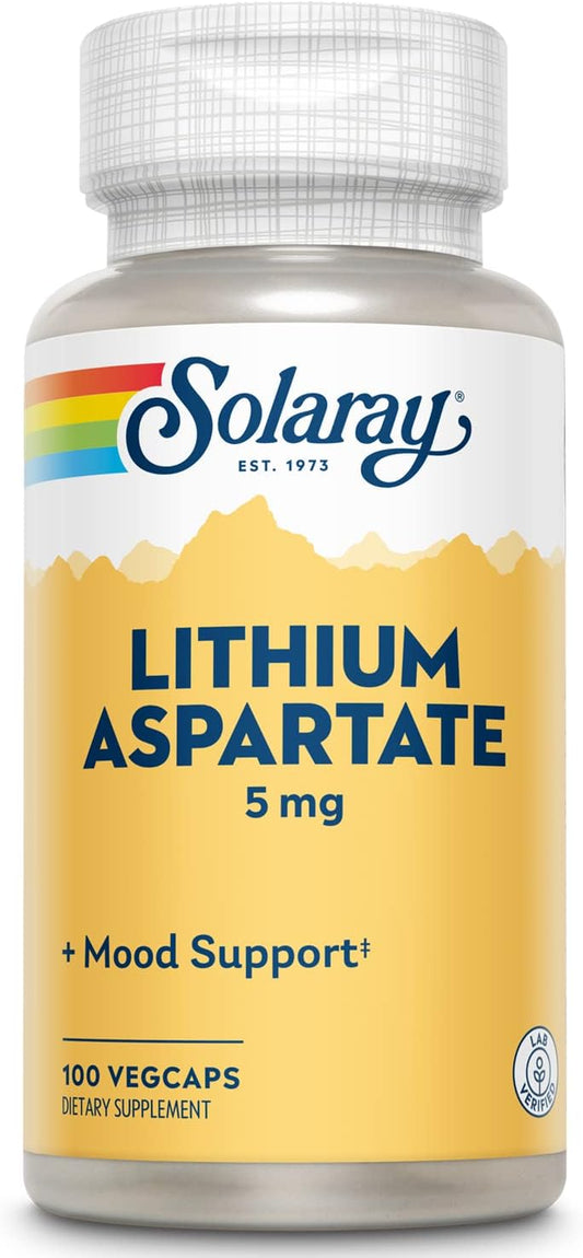 Solaray Lithium Aspartate 5 mg - 100 Capsules for Mood Support and Brain Health