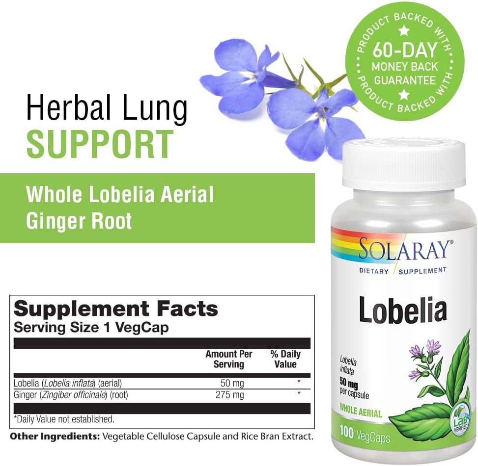 Solaray Lobelia Aerial 50mg VegCaps - Respiratory & Bronchial Function Support with Ginger Root - Non-GMO & Vegan Formula