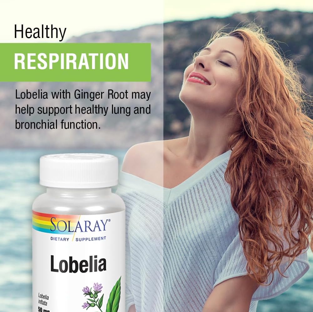 Solaray Lobelia Aerial 50mg VegCaps - Respiratory & Bronchial Function Support with Ginger Root - Non-GMO & Vegan Formula