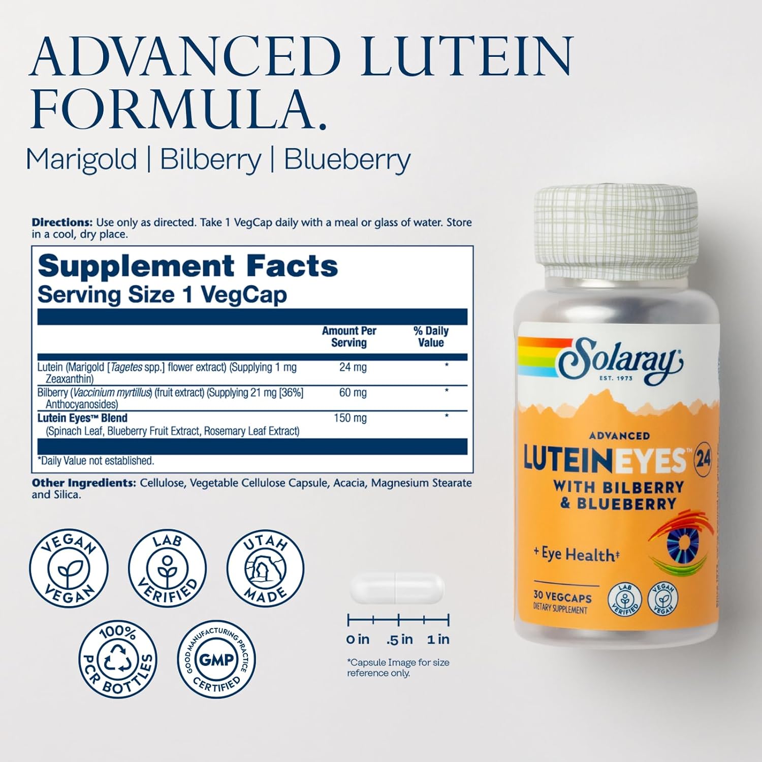 SOLARAY Lutein and Bilberry Eye Health Supplement with Zeaxanthin, Vegan, 30 VegCaps