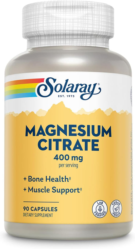 Solaray Magnesium Citrate 400mg VegCaps - Supports Bone Strength, Muscle Recovery, Digestion - Vegan, Lab Verified - 90 Count, 30 Servings - Money-Back Guarantee